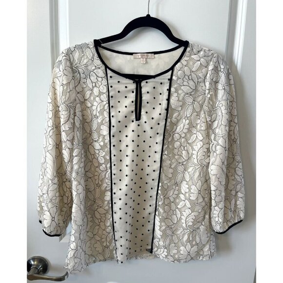 Skies Are Blue Tops - SKIES ARE BLUE Anthropologie White Black Lace Blouse S Women's Floral Polka Dot